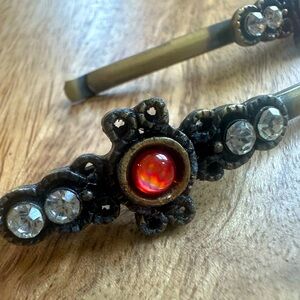 Vintage Rhinestone Floral Hair Pin with Red Cabochon